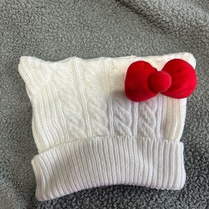 White Kids Cable Knit Hat with Red Bow
